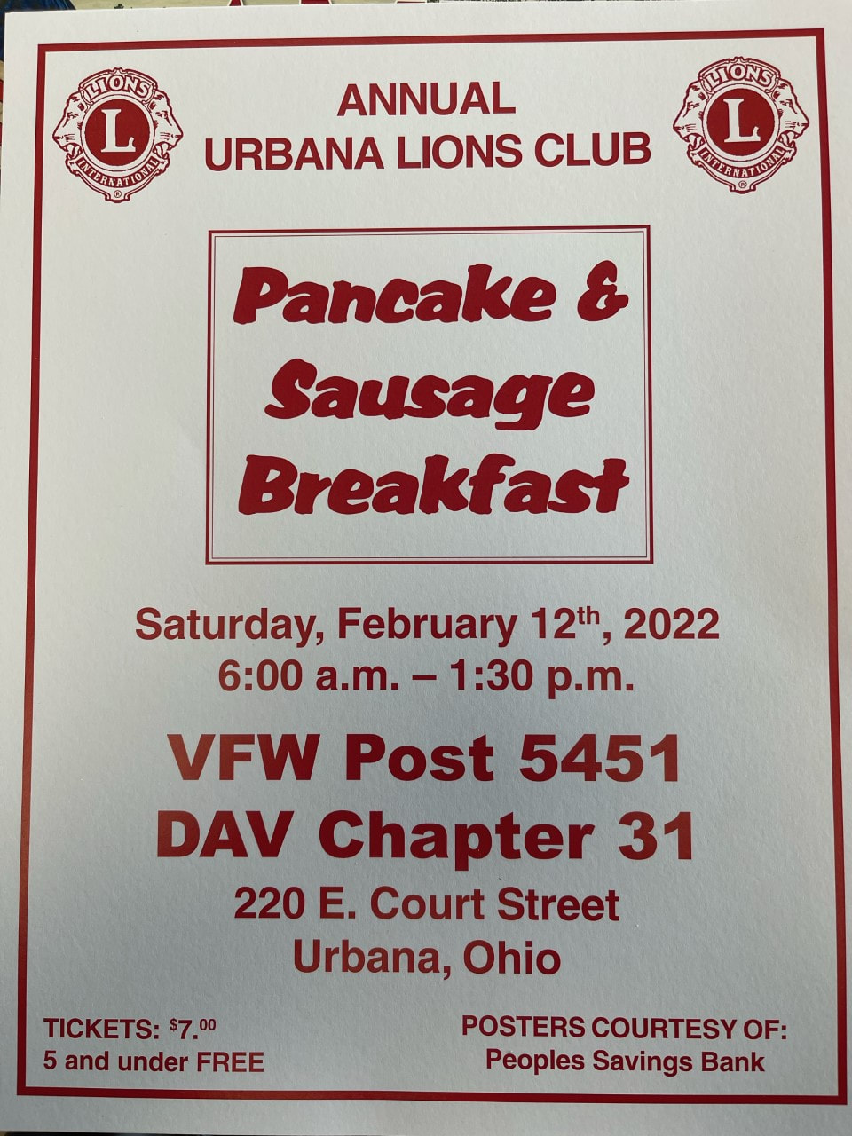 Urbana Lions Club annual pancake and sausage breakfast flyer